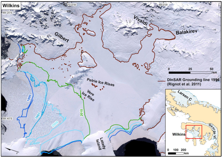 Overview of frontal retreat at Wilkins Ice Shelf. Background: United States Geological Survey (USGS) Landsat Image Mosaic of Antarctica (LIMA). Ice fronts and coastlines map are from the SCAR ADD, Version 7.0 