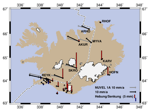 Karte der Erdkrustendeformation in Island bestimmt mit Hilfe von GNSS-Beobachtungen